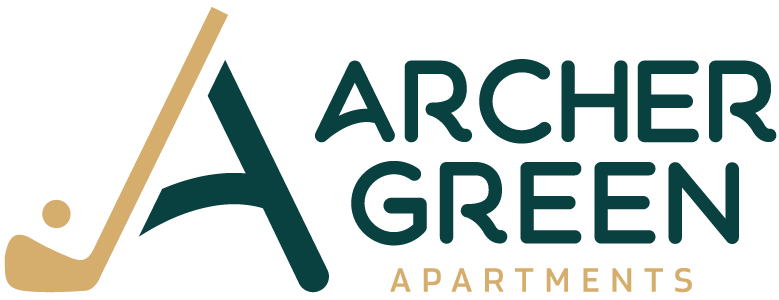 a logo that reads archer green apartments with a pencil