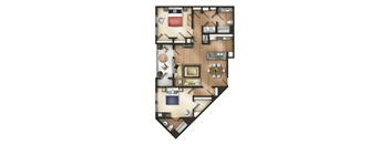 A 3D floor plan of a house with a kitchen, living room, and bedrooms.