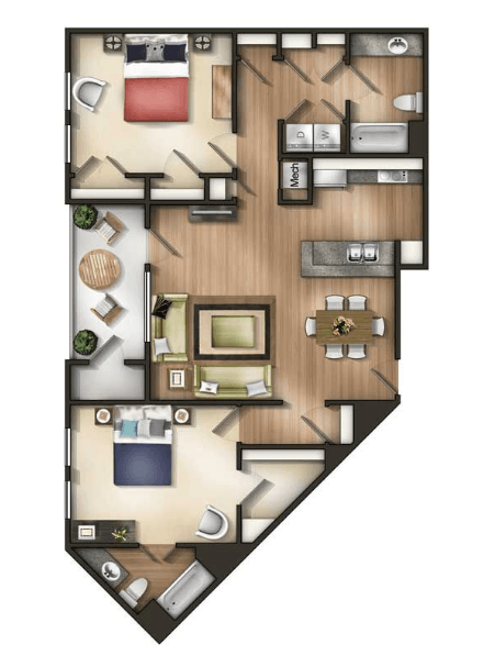 A 3D floor plan of a house with a kitchen, living room, and bedrooms.