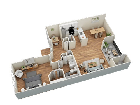 A 3D rendered image of a house layout.