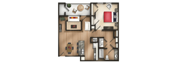 A floor plan of a room with furniture and appliances.
