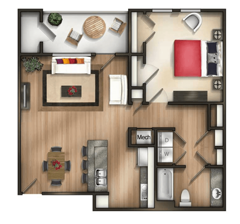 A floor plan of a room with furniture and appliances.