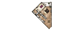 A top down view of a house layout with a living room, dining room, kitchen, and bathrooms.