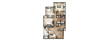 A detailed 3D floor plan of a two-bedroom apartment.