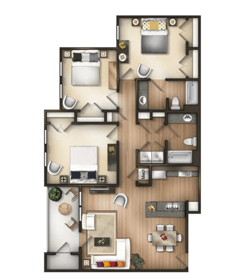 A detailed 3D floor plan of a two-bedroom apartment.