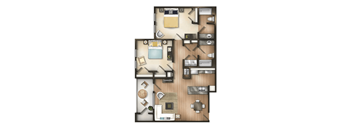 A detailed 3D floor plan of a house layout.