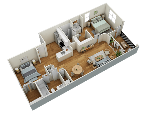 A 3D rendered image of a small apartment layout.