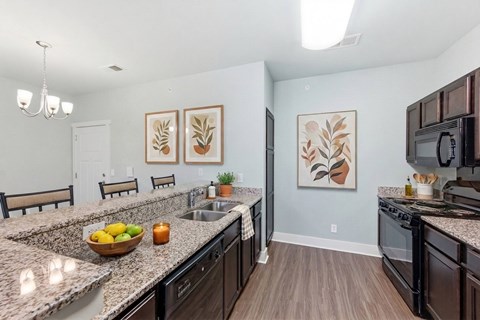 A kitchen with granite countertops and a bowl of fruit on it.at The Lodge at Johns Road Apartments, Huntsville, AL, 35806
