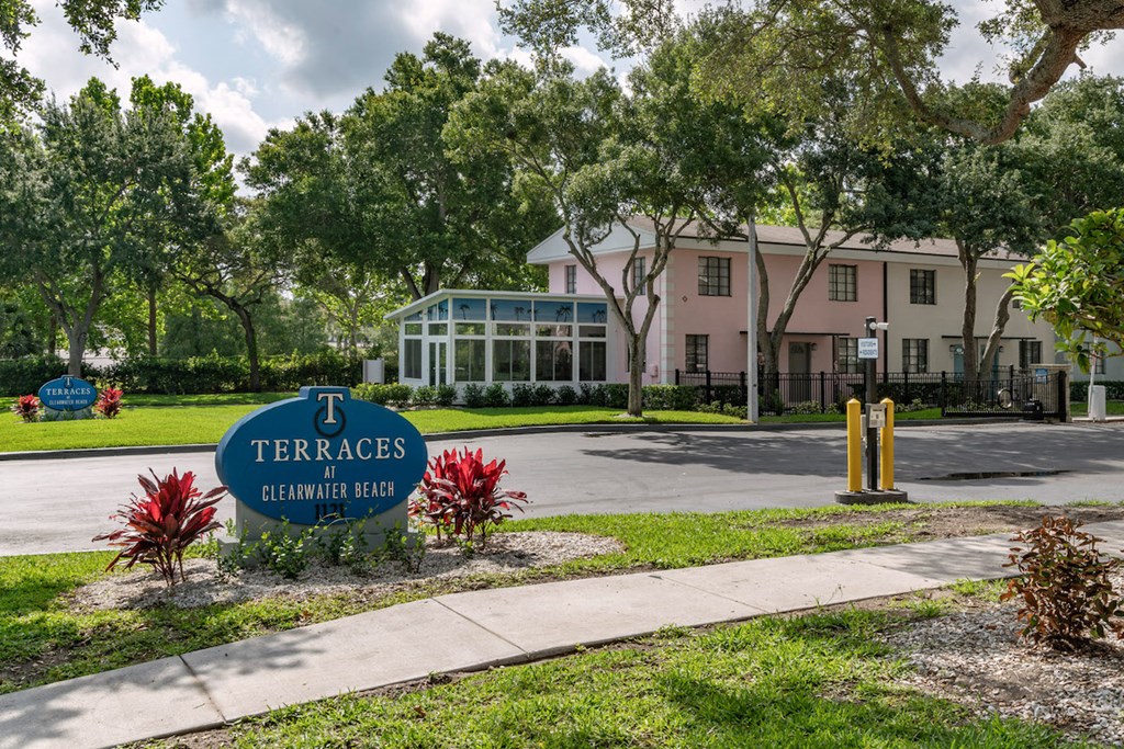 Monument signs and gated entrance to Terraces at Clearwater Beach Apartment Homes at Terraces at Clearwater Beach, Clearwater, FL, 33756