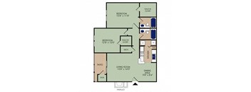 2x2 1060 square foot apartment floor plan at Stillwater at Grandview Cove, Simpsonville, SC, 29680