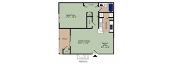 One bedroom 780 square foot apartment floor plan at Stillwater at Grandview Cove, South Carolina, 29680