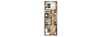 A floor plan of a room with a bed, desk, and chair.