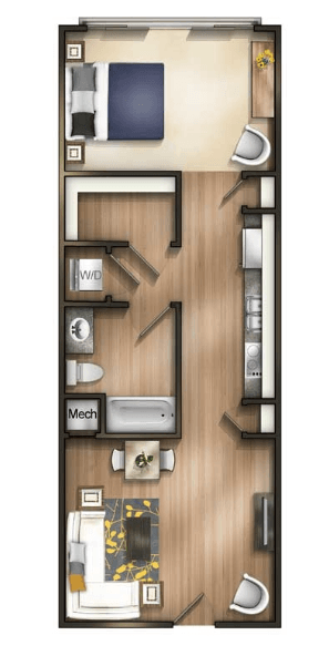 A floor plan of a room with a bed, desk, and chair.