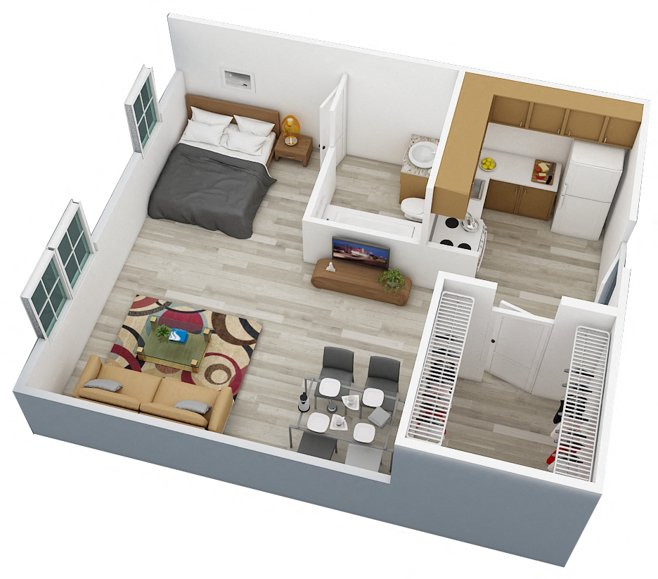 3D studio floor plan at Campus Towers Apartments