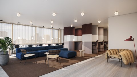 a rendering of a living room with blue couches and chairs