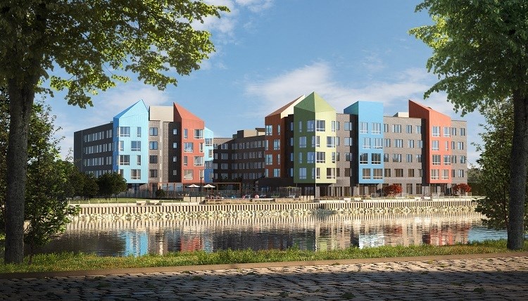 a rendering of an apartment building with a pond in front of it