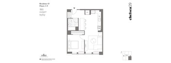 A floor plan for Residence D Floors 3-9 with a kitchen, living room, dining room, and bathrooms.