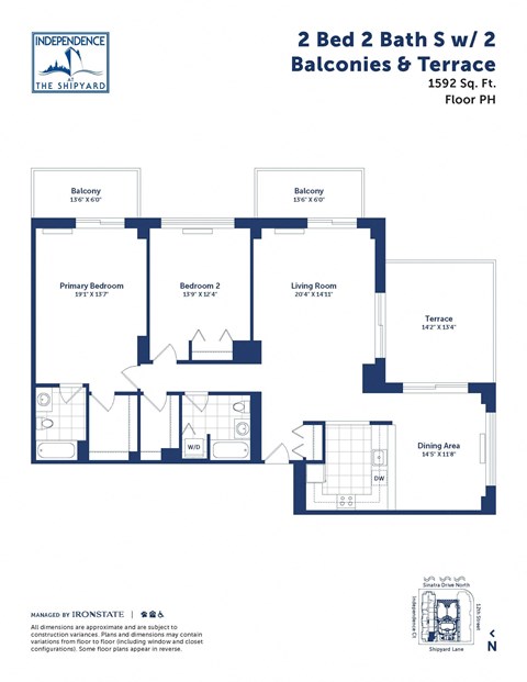 the floor plan of 2 bed 2 bath w2 bathrooms and terrace