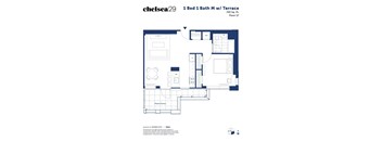 A floor plan for a 1 Bed 1 Bath M with Terrace sized at 743 Sq. Ft.