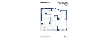 A floor plan for a 1 Bed 1 Bath condo with a private terrace.