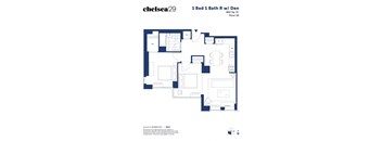 A floor plan for a 1 Bed 1 Bath room with a den.