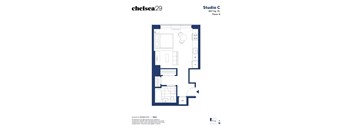 A blueprint of a studio apartment layout.