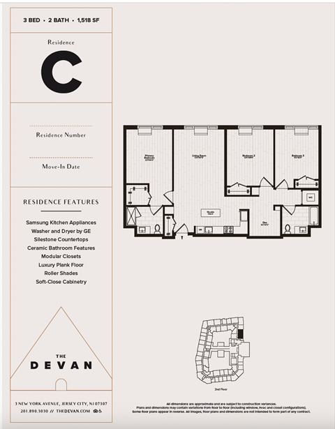 A floor plan for a residence with 3 bedrooms and 2 bathrooms is displayed.
