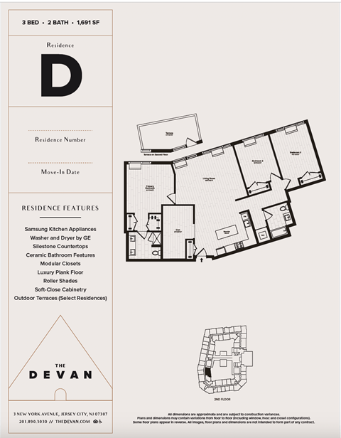 A floor plan for a 3 bedroom, 2 bathroom apartment at The Devan.