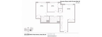 A floor plan of an apartment with a Premier Room and Private Bath.