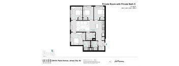A floor plan of a private room with a private bathroom.