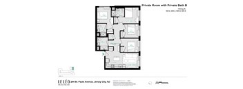A floor plan of a private room with a private bath.