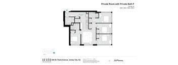 A floor plan of a private room with a private bath.