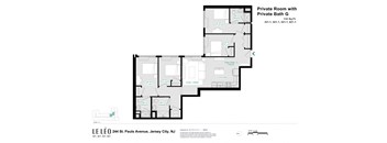 A floor plan of a private room with a private bath.