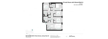 A floor plan of a private room with a shared bath.