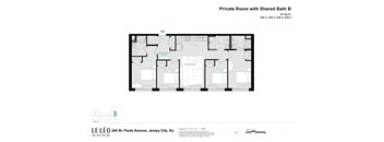 A floor plan of a private room with a shared bathroom.