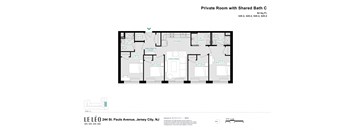 A floor plan of a private room with a shared bathroom.