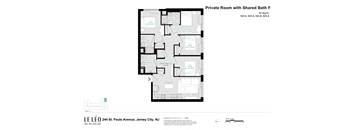 A floor plan of a private room with a shared bath.