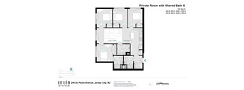 A floor plan of a private room with a shared bathroom.