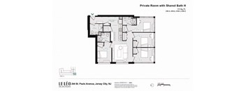 A floor plan of a private room with a shared bathroom.