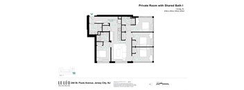 A floor plan of a private room with a shared bathroom.
