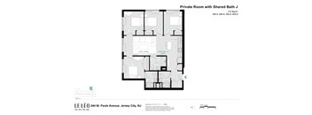 A floor plan of a private room with a shared bathroom.