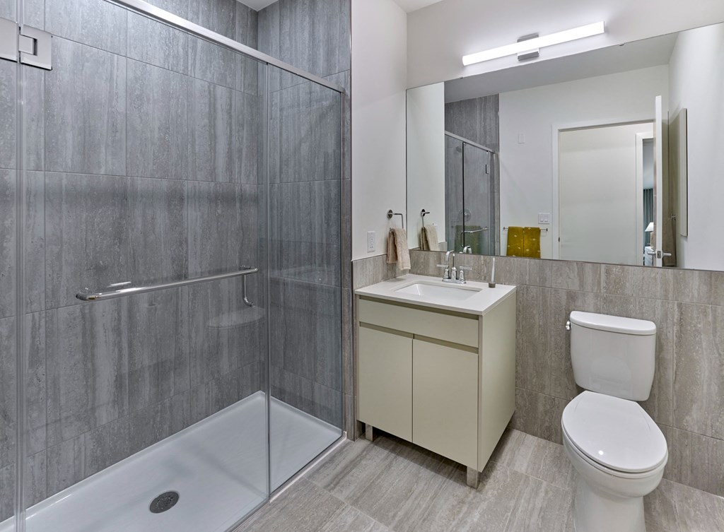 a bathroom with a shower toilet and a sink