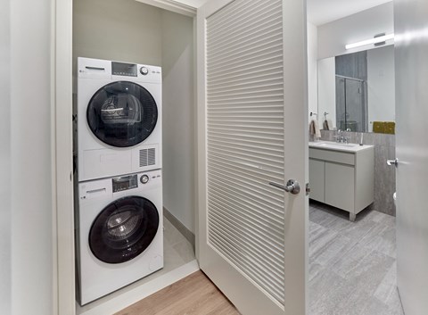a washer and dryer in a bathroom next to a closet