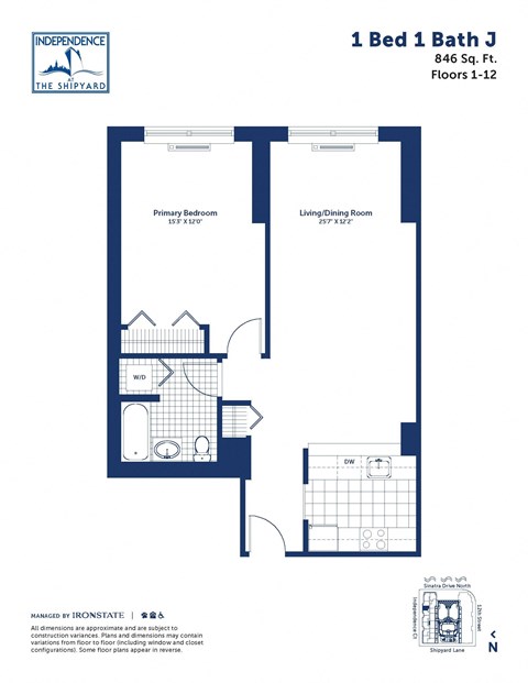 the floor plan of 1 bed 1 bath