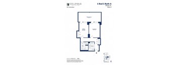 A floor plan for a 1 bedroom, 1 bathroom apartment in the Columbus Collection.
