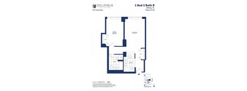 A floor plan for a 1 Bed 1 Bath apartment in the Columbus Collection.