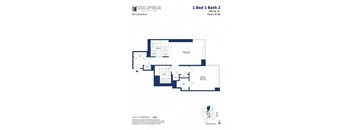 A floor plan for a 1 Bed 1 Bath apartment in the Columbus Collection.