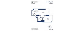 A floor plan for a 1 Bed 1 Bath K with a living room, kitchen, and bathroom.