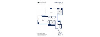 A floor plan for a 1 Bed 1 Bath apartment in the Columbus Collection.