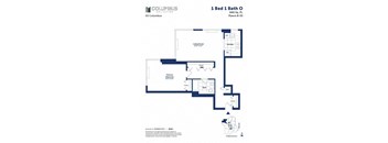 A floor plan for a 1 Bed 1 Bath apartment in the Columbus Collection.